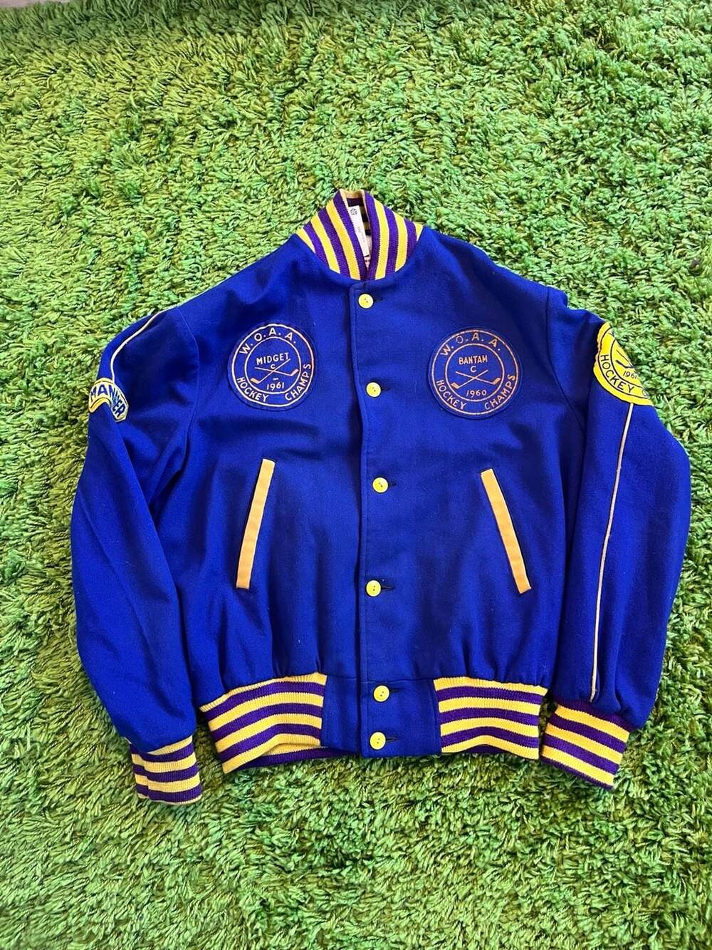 60’s Vintage W.O.A.A. Hockey Manager Wool Varsity Jacket Blue & Yellow